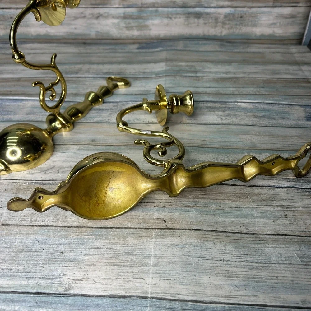 Brass Wall Sconce Candle Stick‎ Holders Pair Single Arm Regency Vintage